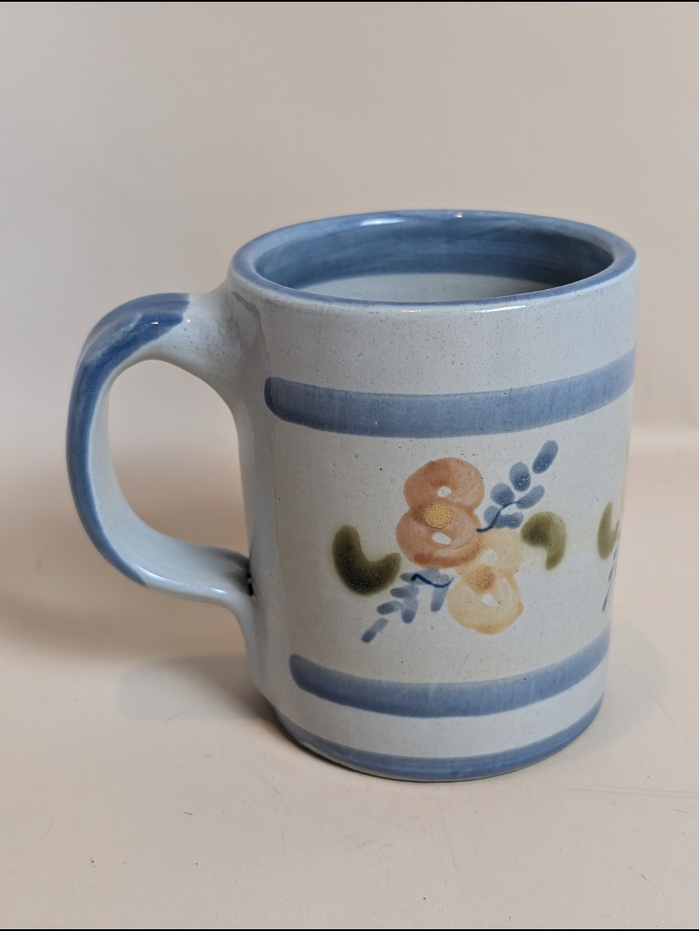 Vintage Louisville Stoneware PRIMROSE Mug Grey Blue Pottery w/ Pink Flower Rose